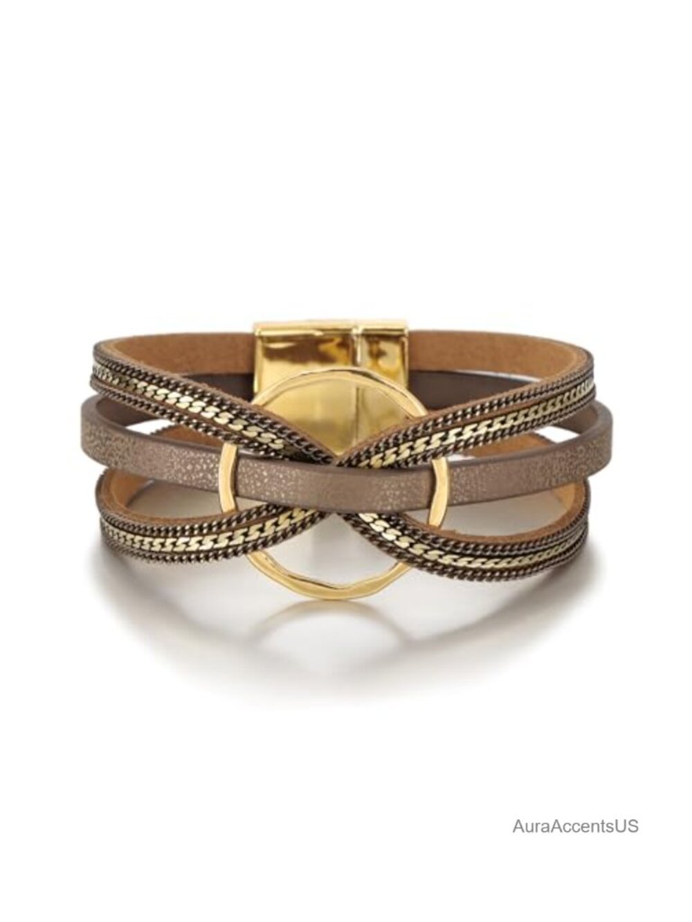 Leather Wrap Bracelet for Women, Boho Layered Cuff Bangle, Easy-On Closure,